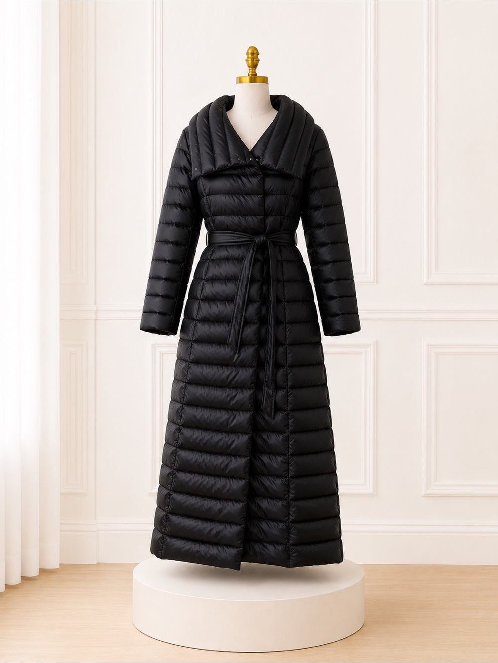 NWT Via Spiga Black Long Belted Puffer Coat Feather Free Maxi Jacket L